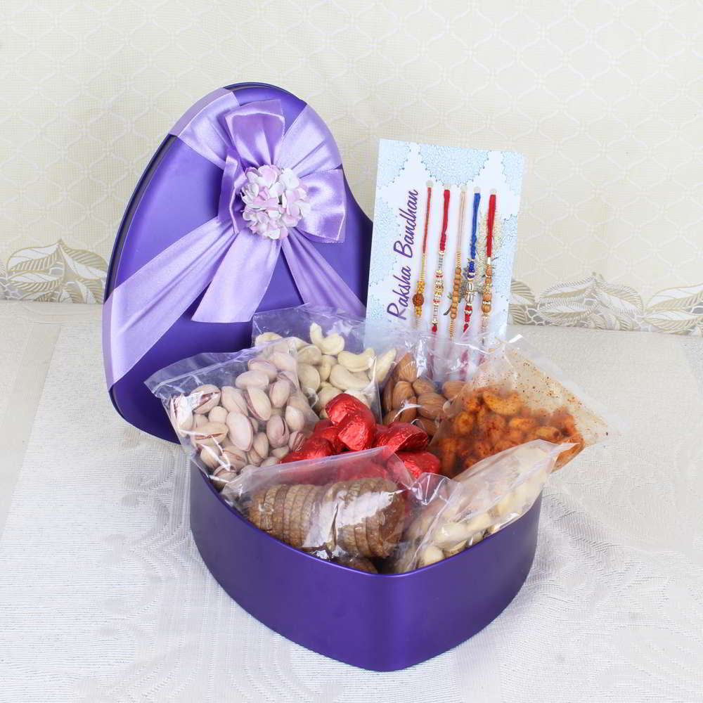 Box of Assorted Dry fruit and Chocolates with Five Rakhis