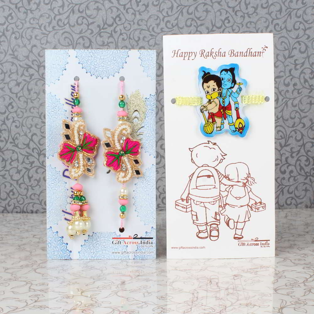 Mirror Design Bhaiya Bhabhi with Bal Hanuman Krishna Rakhi Combo - UAE