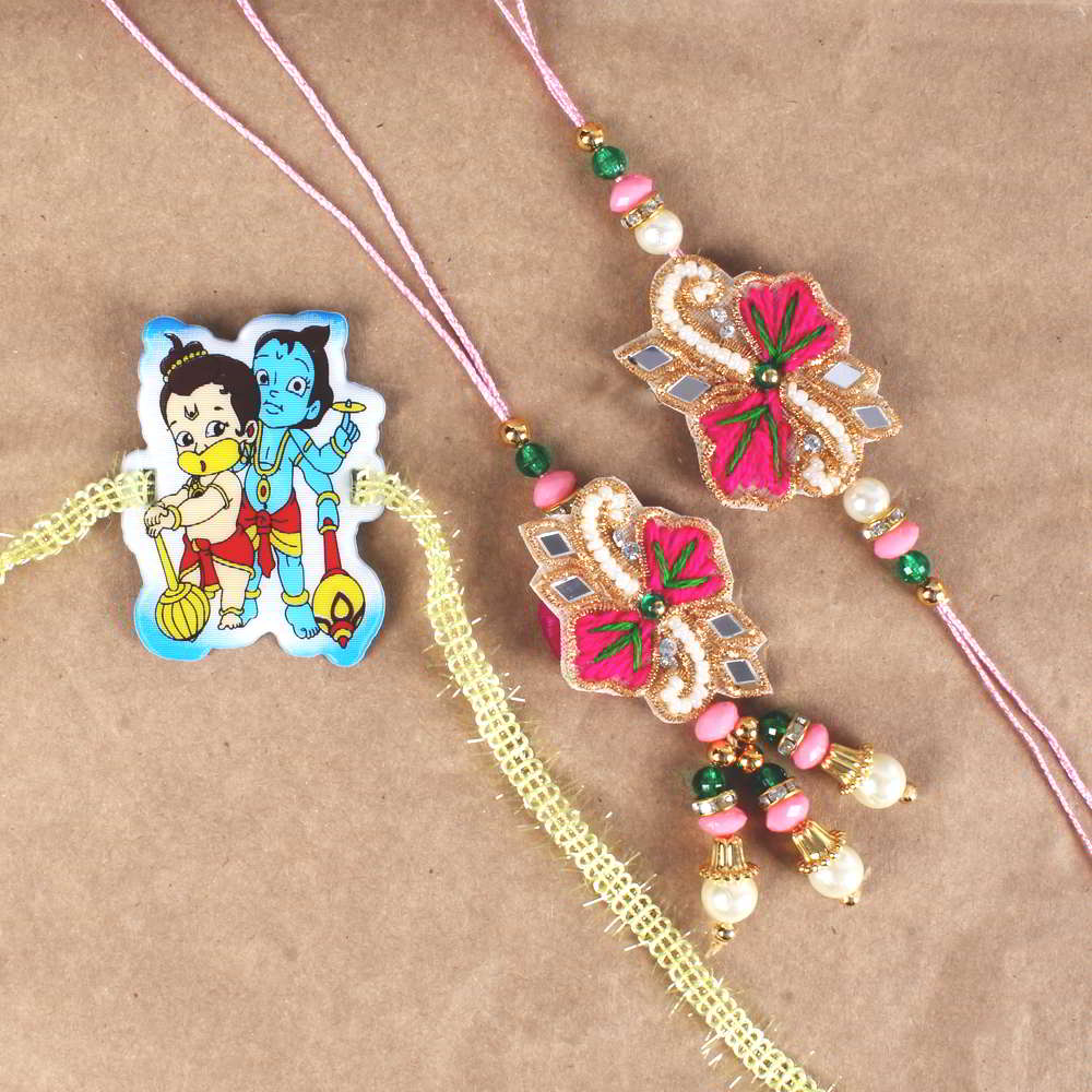 Mirror Design Bhaiya Bhabhi with Bal Hanuman Krishna Rakhi Combo