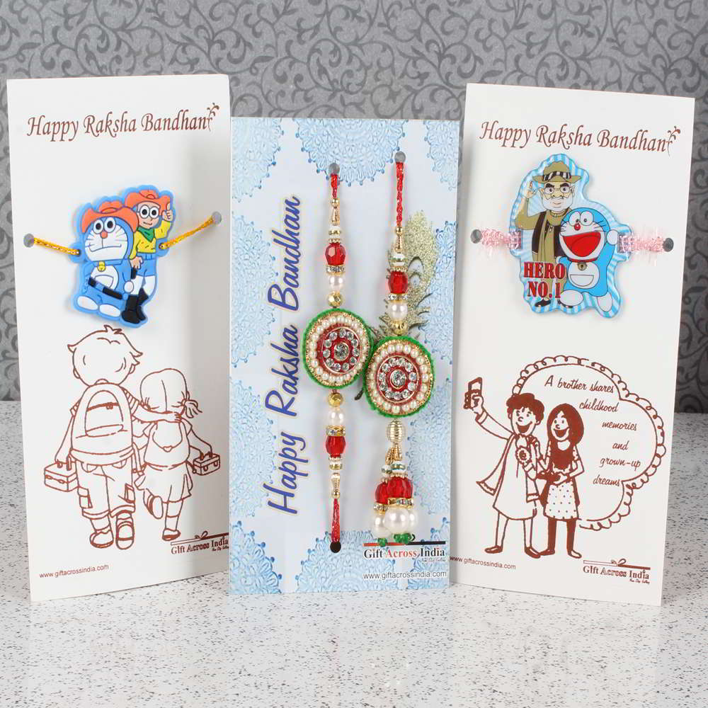 Round Shape Kundan Bhaiya Bhabhi with Kids Rakhi Combo - Australia