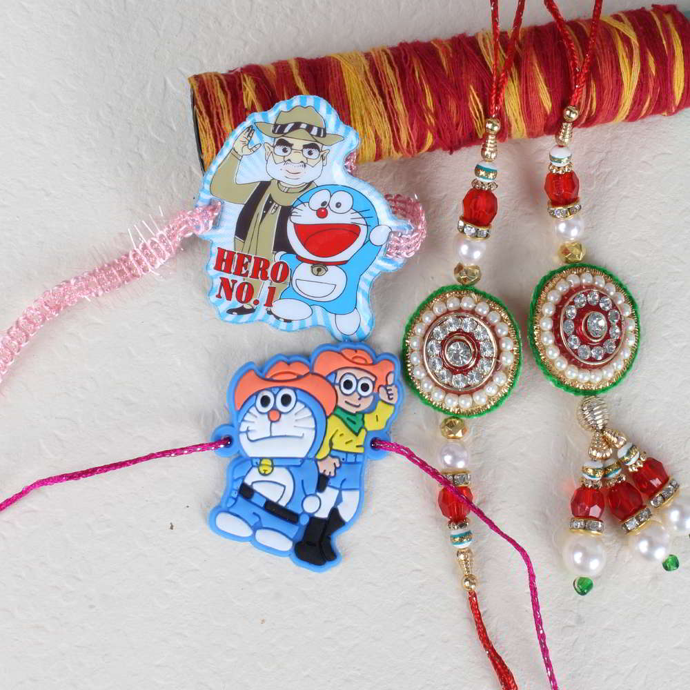 Round Shape Kundan Bhaiya Bhabhi with Kids Rakhi Combo