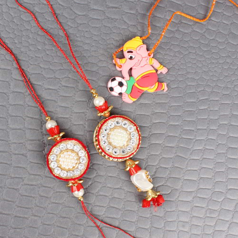 Zardosi Round Design Bhaiya Bhabhi Rakhi with Ganesha Rakhi for Kids