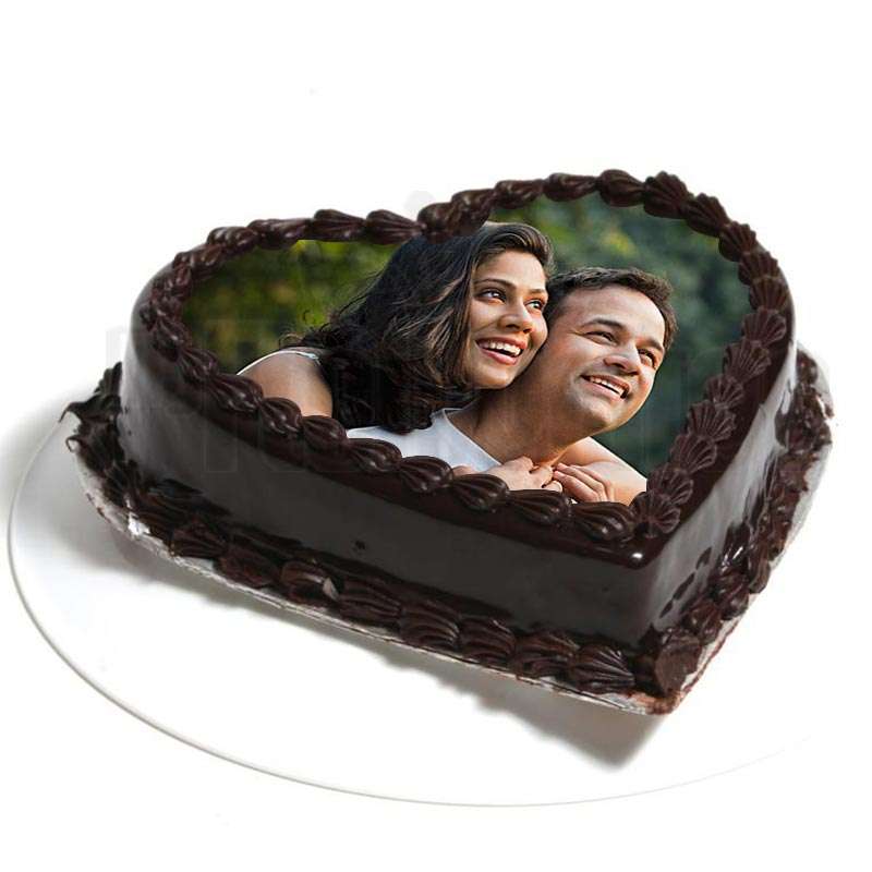 Heart Shape Dark Chocolate Photo Cake for Couple