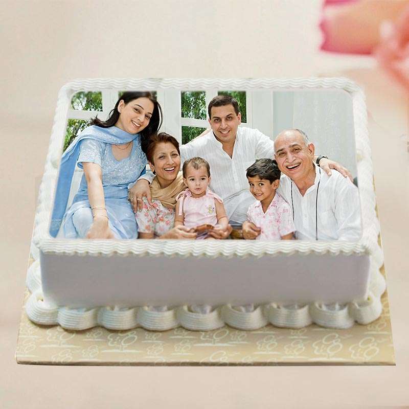 Square Shape Personalized Eggless Vanilla Photo Cake for My Family