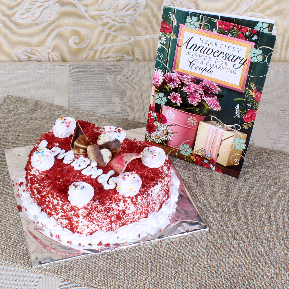 Red Velvet Cake with Anniversary Card @ Best Price | Giftacrossindia