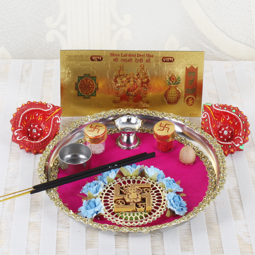 Swastika Diwali Thali and Earthen Diya with Gold Plated Lakshmi Note