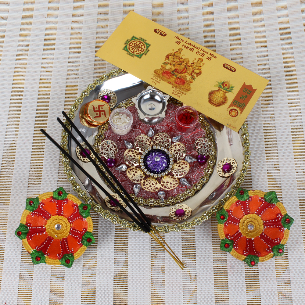 Diwali Thali and Earthen Diya with Gold Plated Lakshmi Note