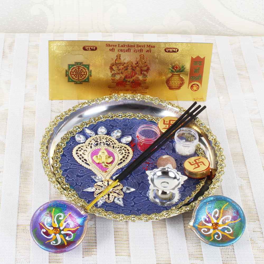 Ganesha Diwali Thali and Earthen Diya with Gold Plated Lakshmi Note