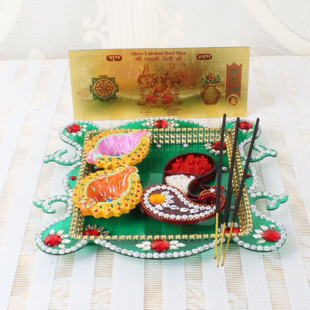 Acrylic Designer Diwali Thali and Earthen Diya with Gold Plated Lakshmi Note