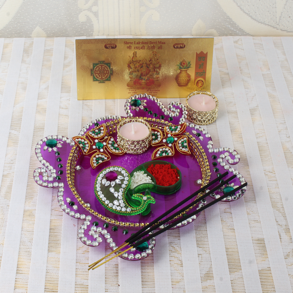 Acrylic Diwali Thali with Metal Tealight Diya Included Gold Plated Lakshmi Note