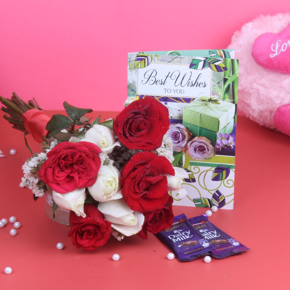 Bouquet of Ten Roses and Chocolates along with Greeting card
