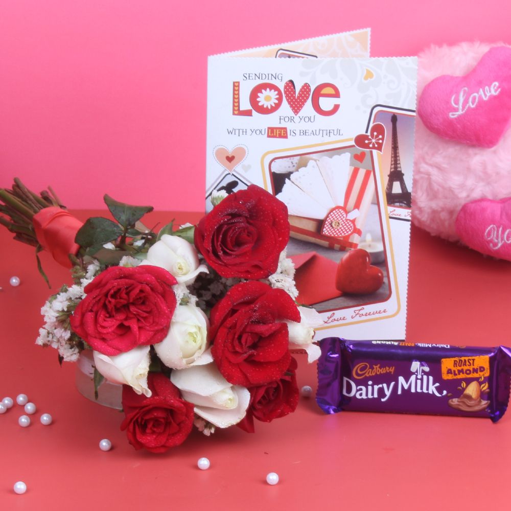 Bunch of 10 Roses with Cadbury Dairy Milk Chocolate and Love Card