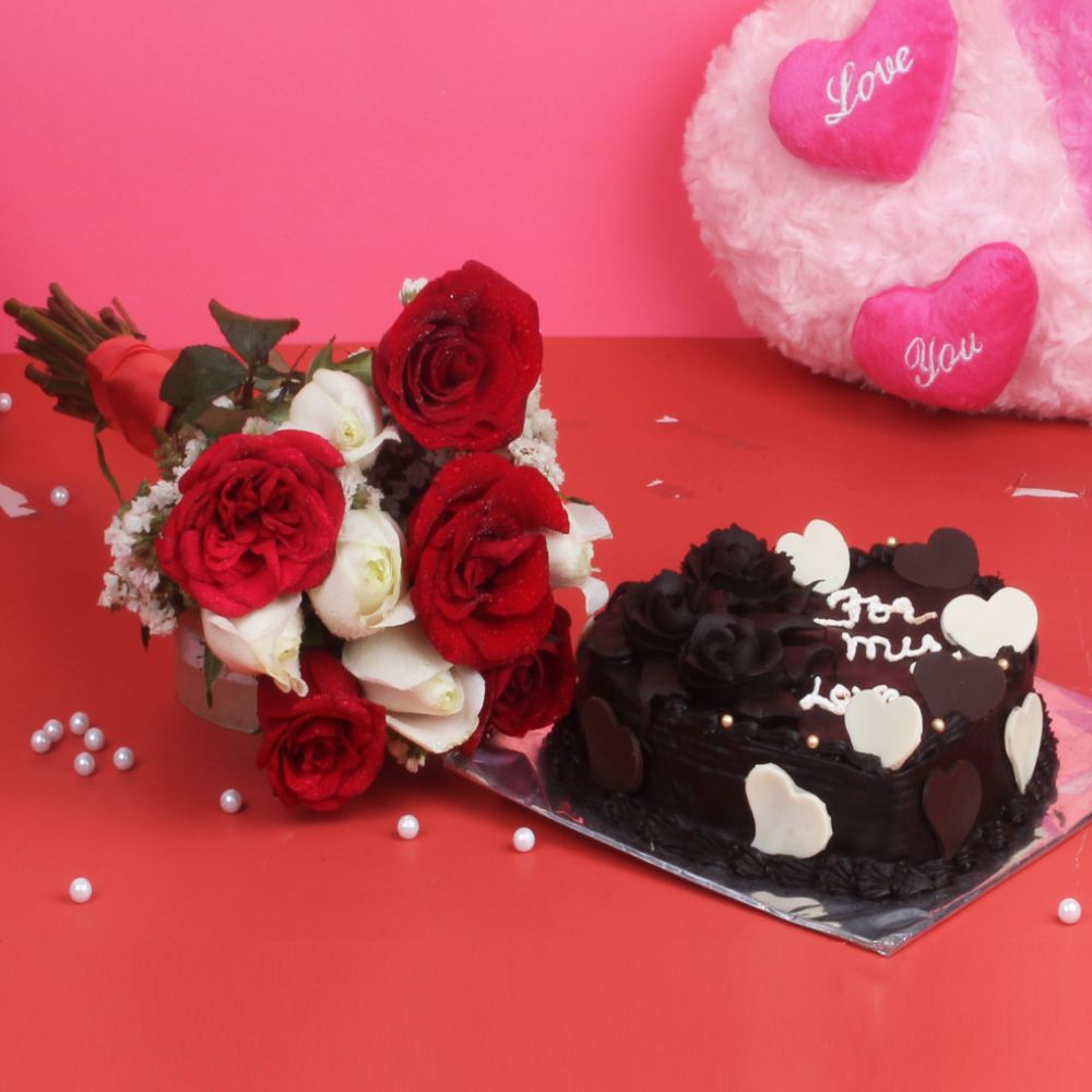 Bunch of 10 Red and White Roses with Heart Shaped Chocolate Cake