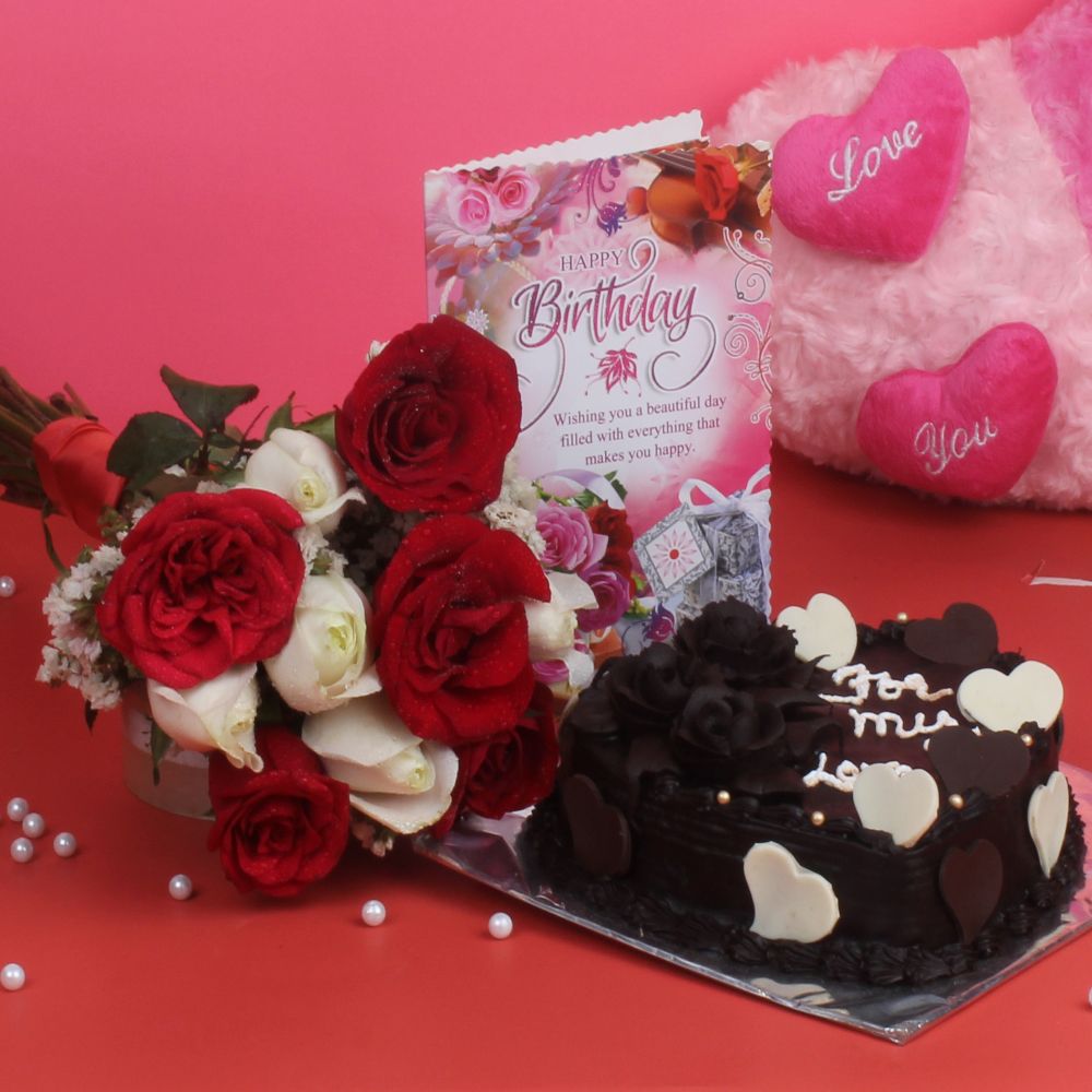 Heart Shape Cake and Ten Mix Roses Bouquet with Birthday Card