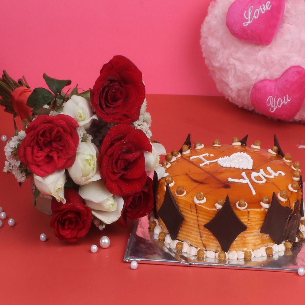 Bunch of 10 Red and White Roses with Half Kg Round Butterscotch Cake