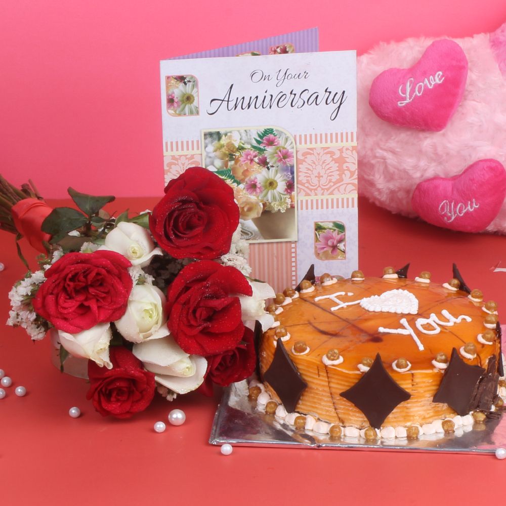 Ten Roses Bouquet and Eggless Butterscotch Cake