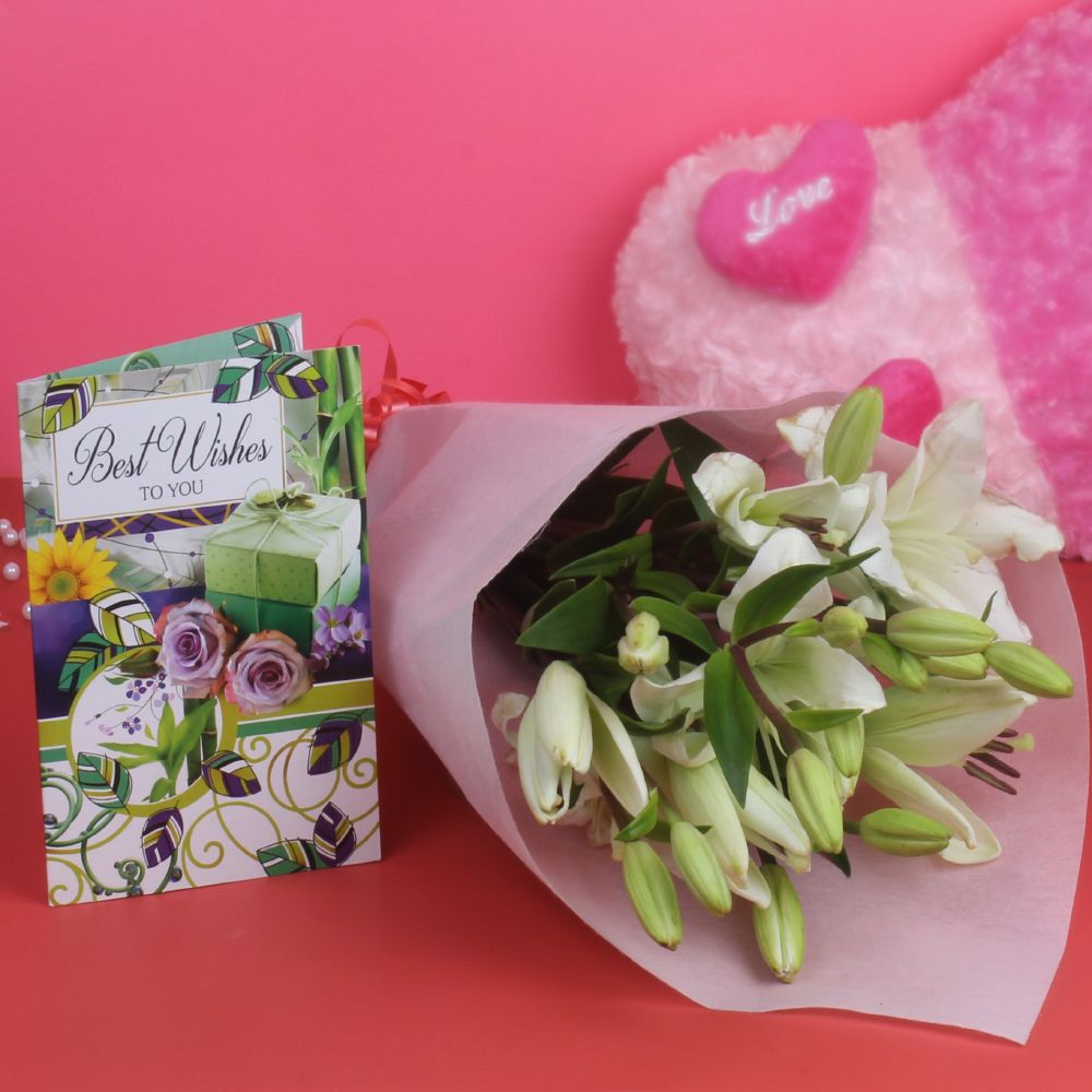 White Lillies Bouquet with Best Wishes Card