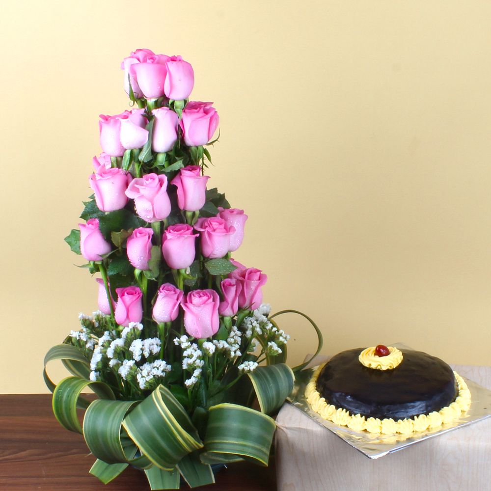 Exotic Pink Roses Arrangement  and Chocolate Cake