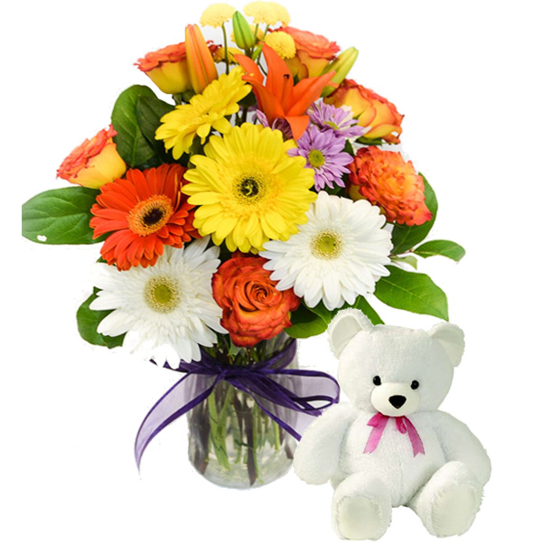 Vase arrangement with Teddy