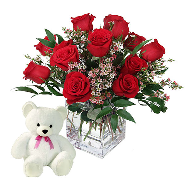 Vase of Red Roses with Teddy Bear