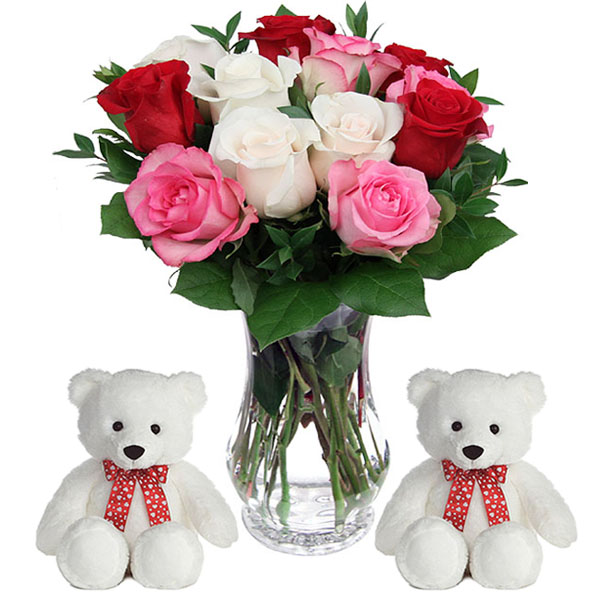 Trio color Roses vase with 2 Teddies