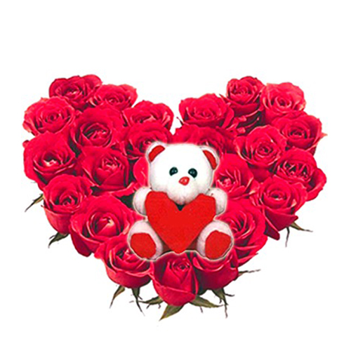 Big Teddy and 25 Roses heart basket