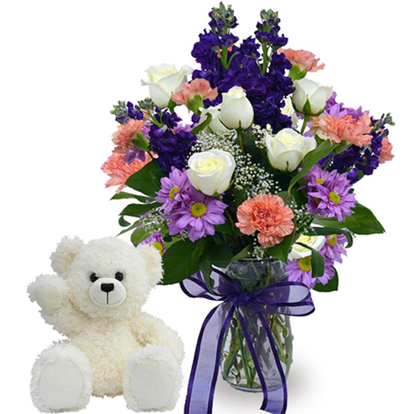 Teddy Bear and Floral Vase