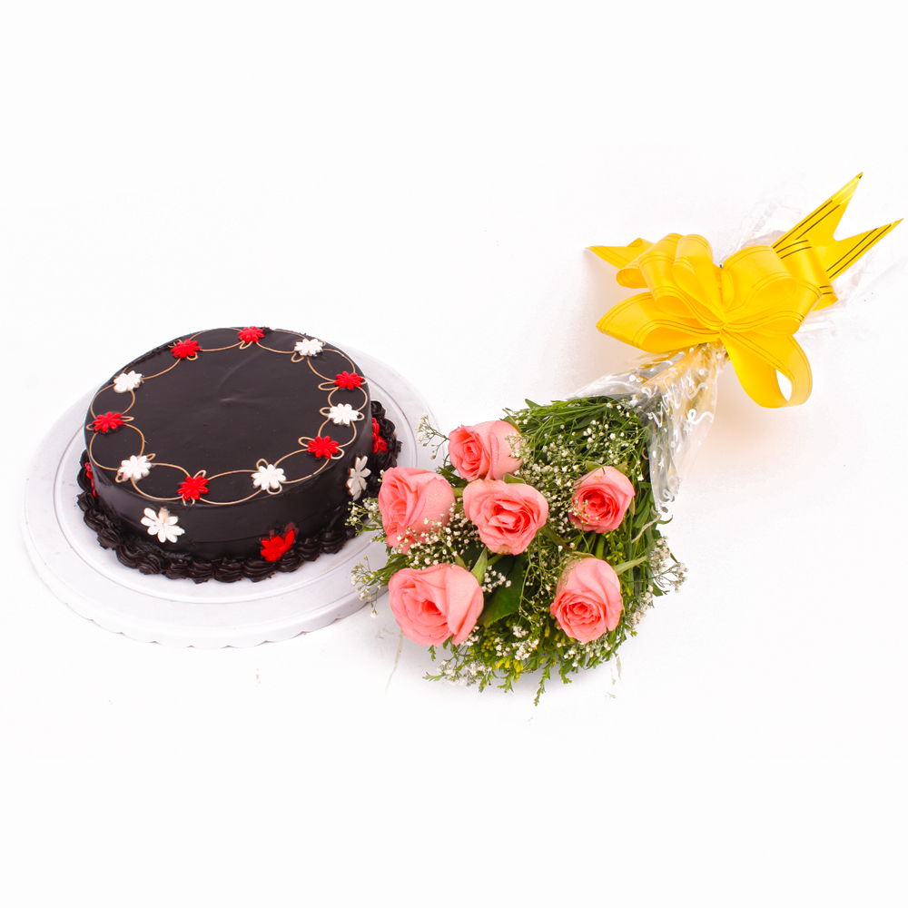 One Kg Chocolate Cake and Six Pink Roses Bouquet