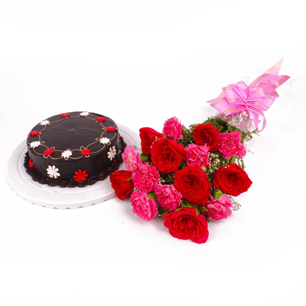 Red Roses and Pink Carnations with Chocolaty Cake