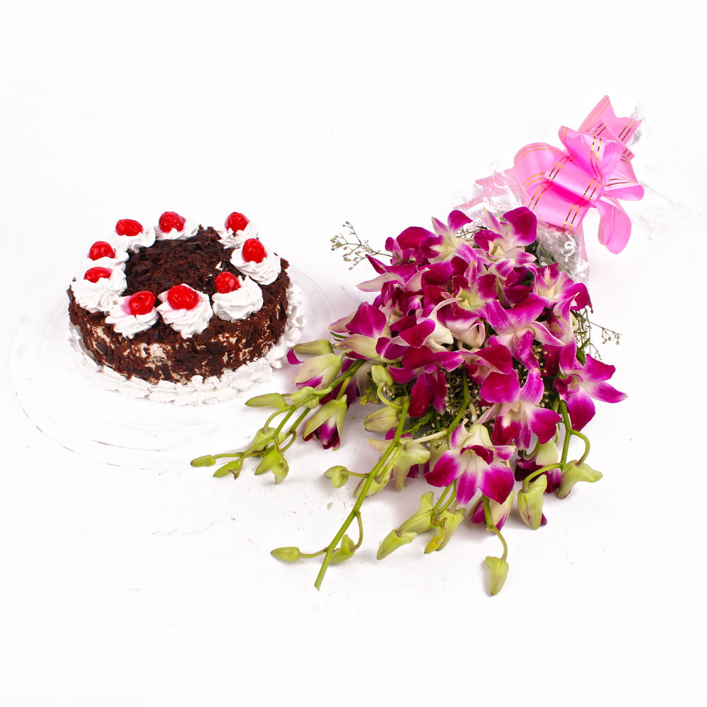 Orchid Flowers Hand Tied with Black Forest Cake