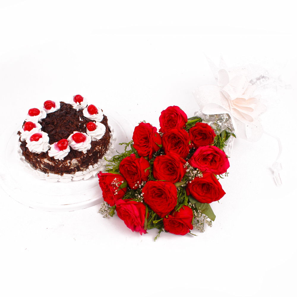 Black Forest Cake with Dozen Red Roses