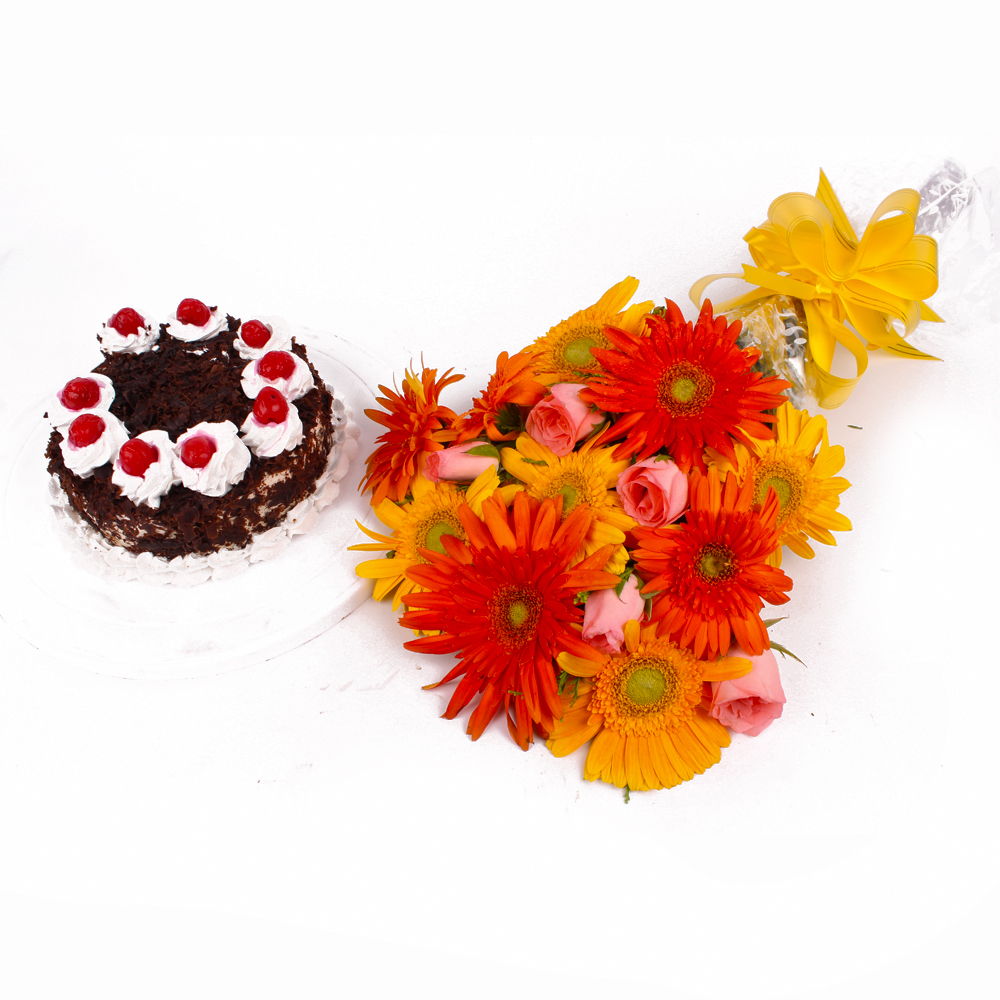 Black Forest Cake with Mix Flowers Bouquet