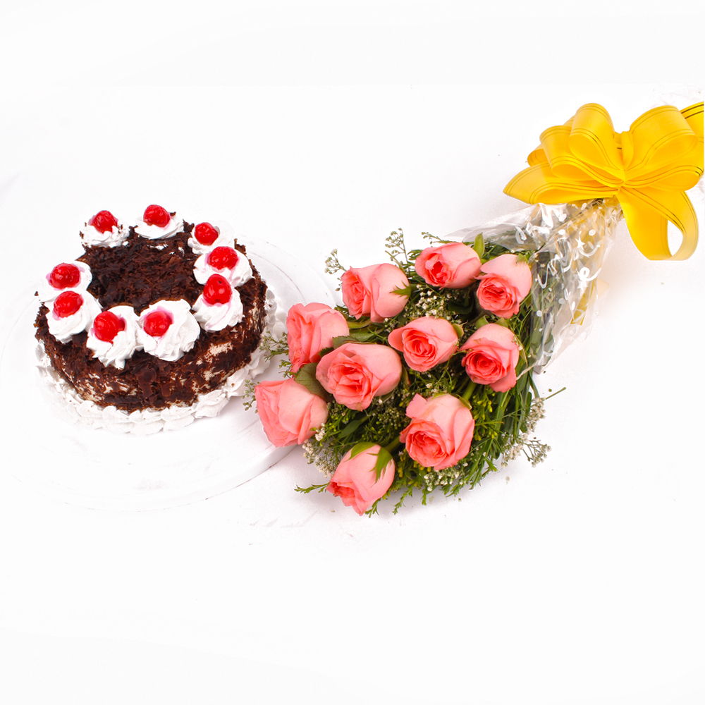 Eggless Black Forest Cake and Pink Roses Bouquet