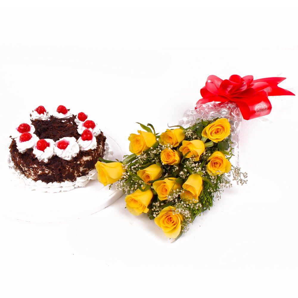 Dozen Yellow Roses with Eggless Black Forest Cake