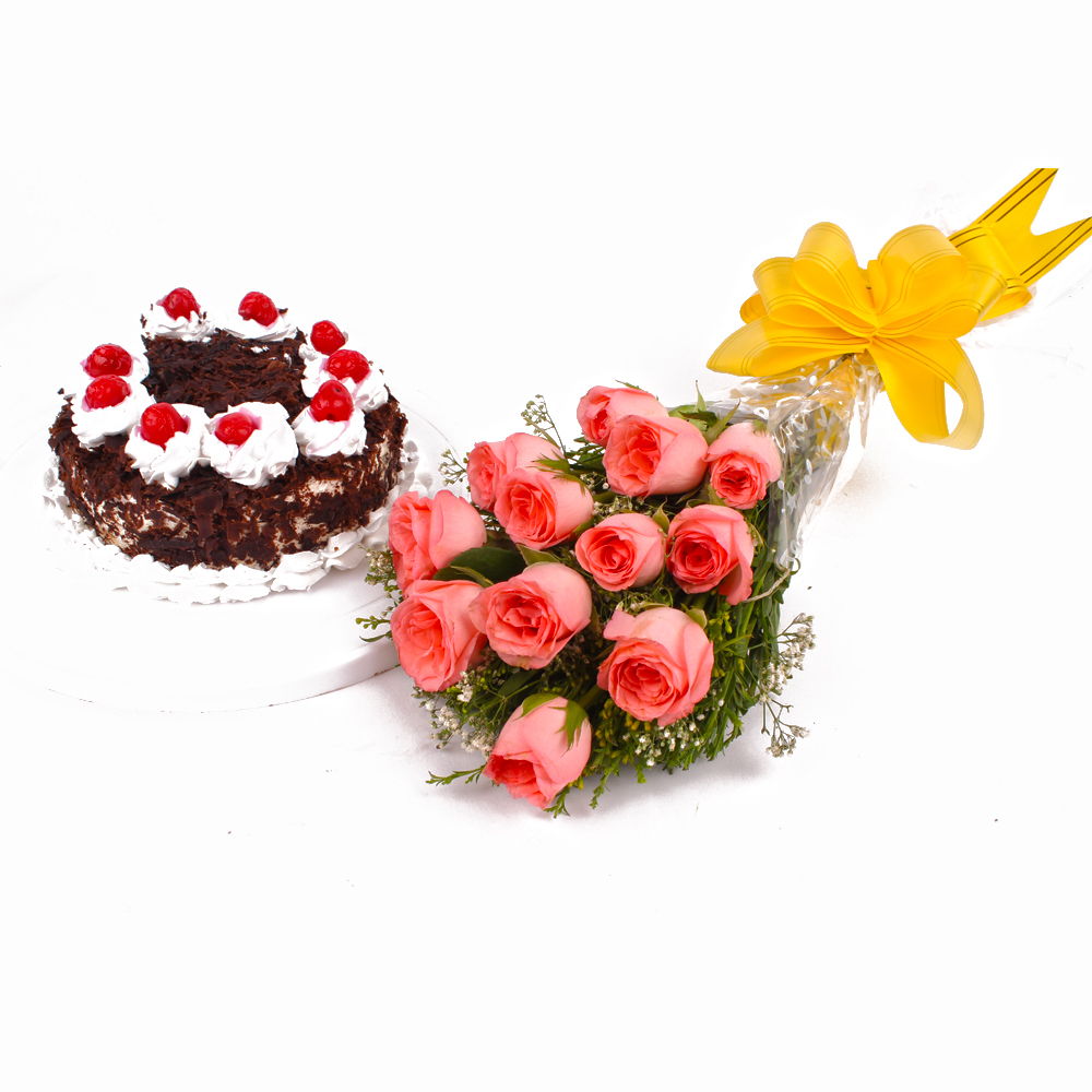 Bouquet of Dozen Pink Roses with Eggless Black Forest Cake