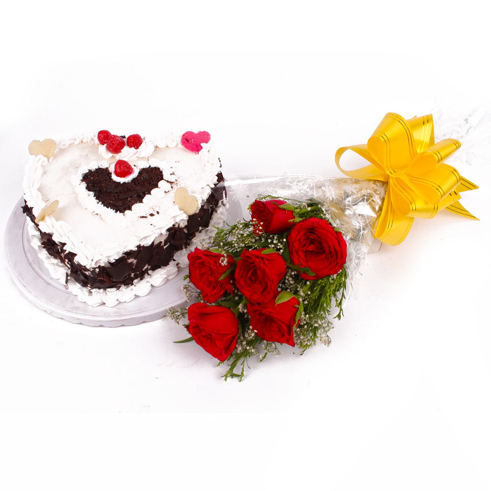 Bouquet of Six Red Roses with 1 Kg Heart Shape Black Forest Cake