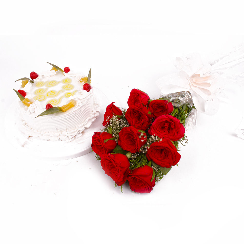 Eggless Pineapple Cake and Red Roses Bouquet