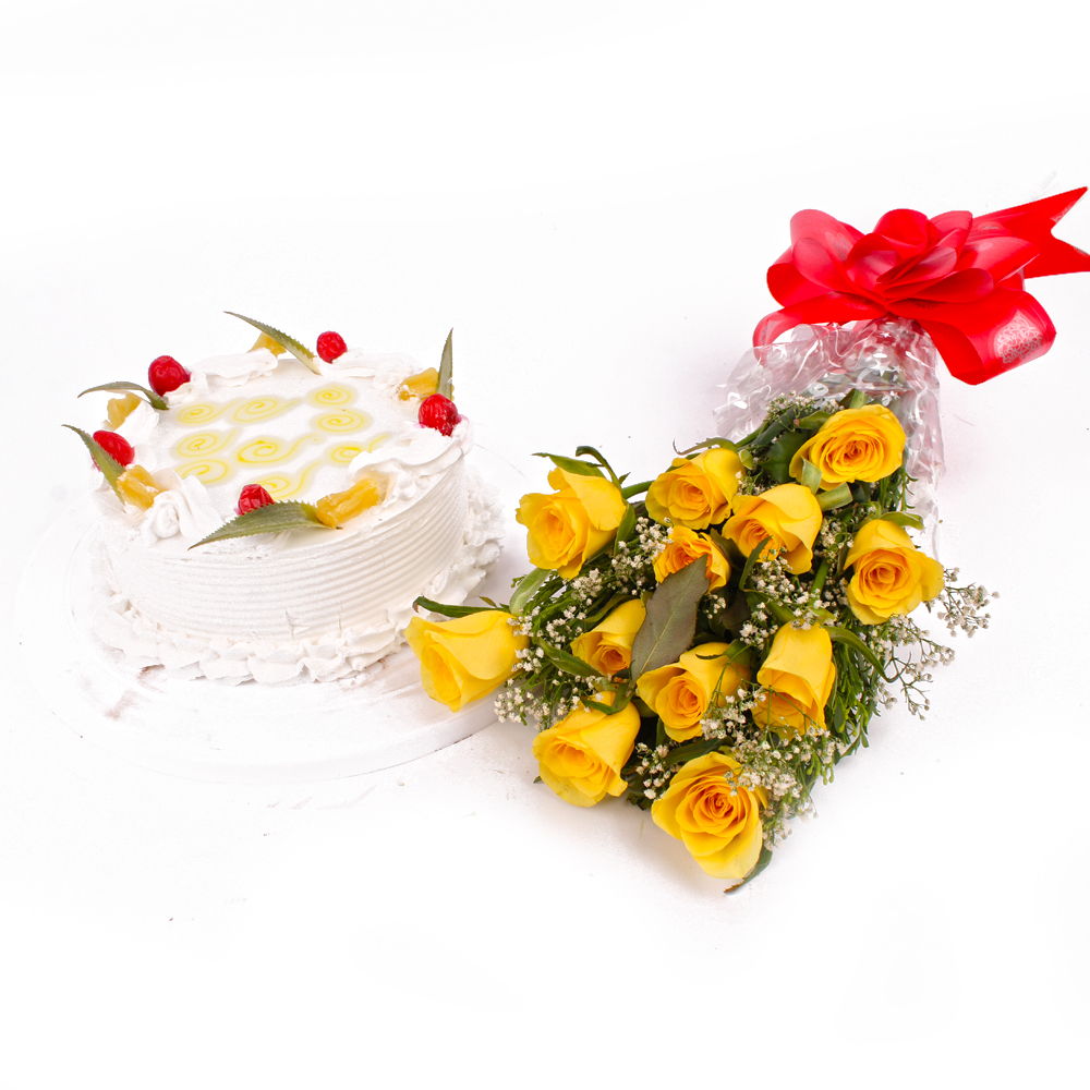 Eggless Pineapple Cake and Dozen Yellow Roses