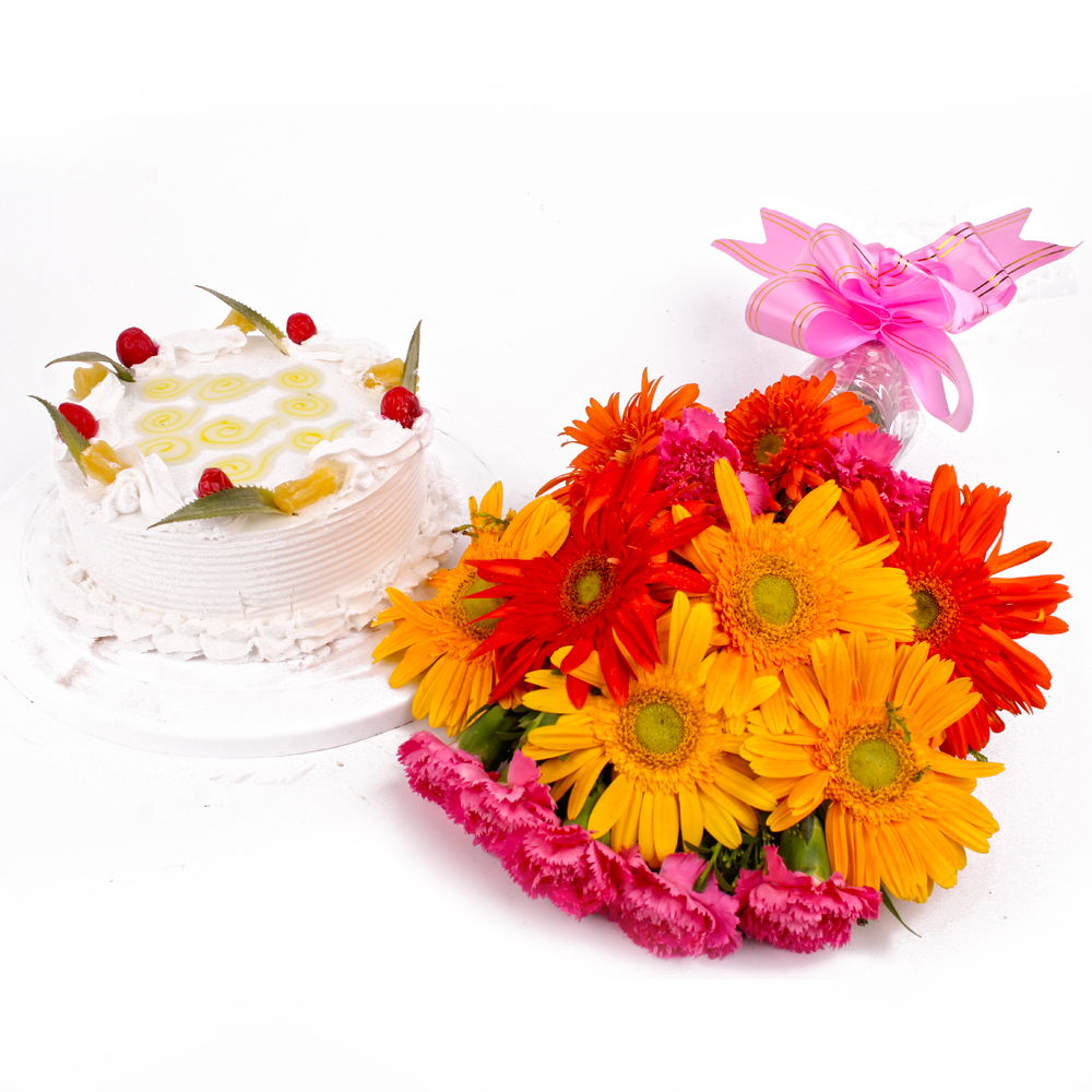 Combo of Pineapple Cake and Bouquet of Gerberas with Carnations