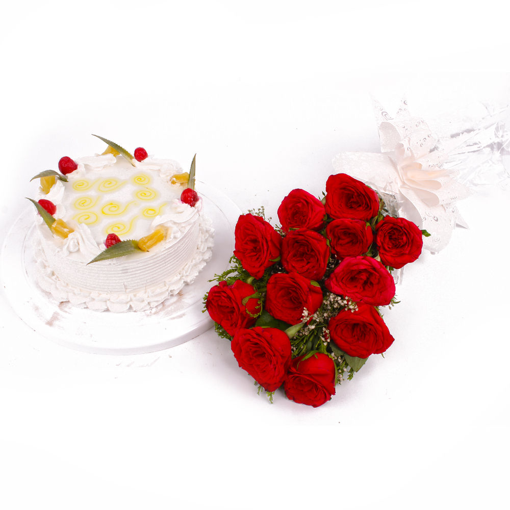 Dozen Red Roses and Pineapple Cake Combo