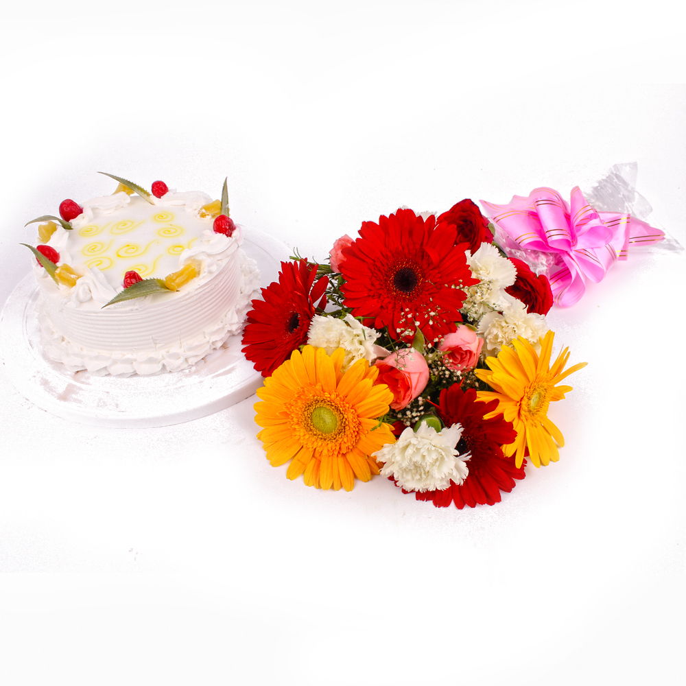 Eggless Pineapple Cake and Colorful Fresh Flowers