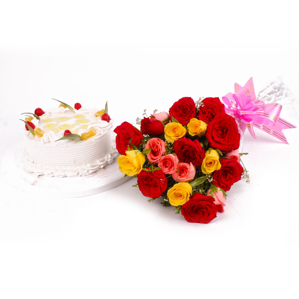 Yummy Pineapple Cake and Colorful Roses Combo