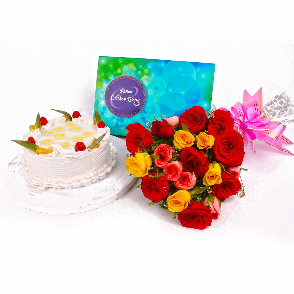 Pineapple Cake with Celebration Chocolate Pack and Mix Roses