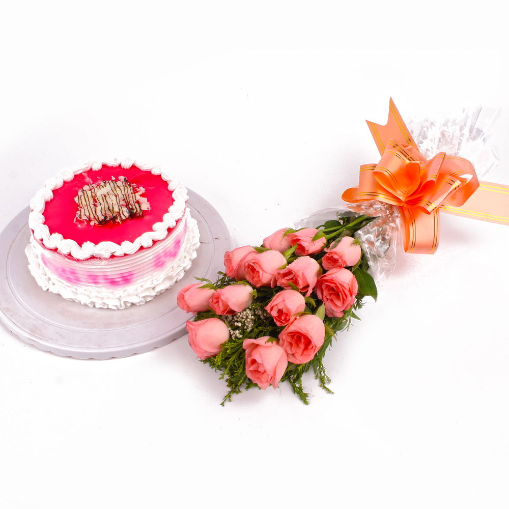 Eggless Strawberry Cake and Pink Roses Bouquet