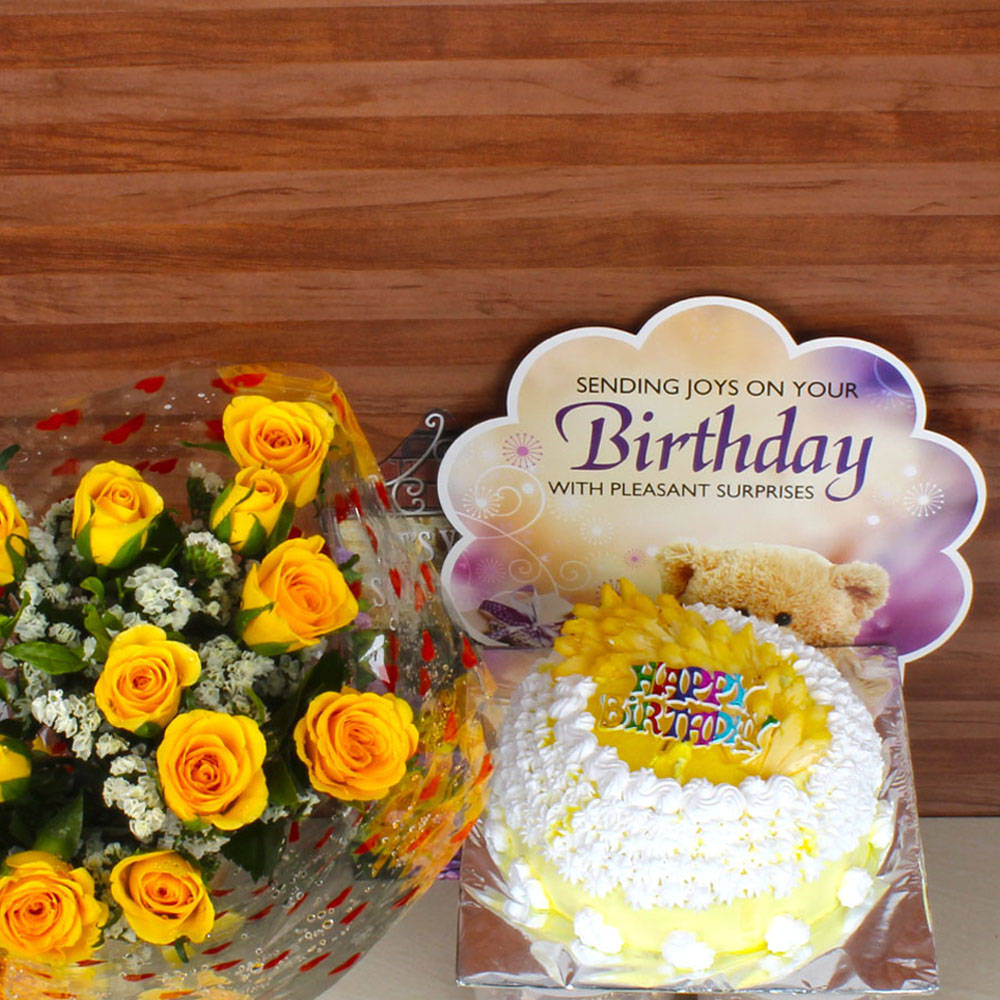 Birthday Pineapple Cake with Greeting Card and Yellow Roses ...