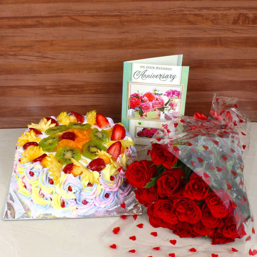 Anniversary Red Roses Bouquet Combo with Greeting Card and Mix Fruit Cake