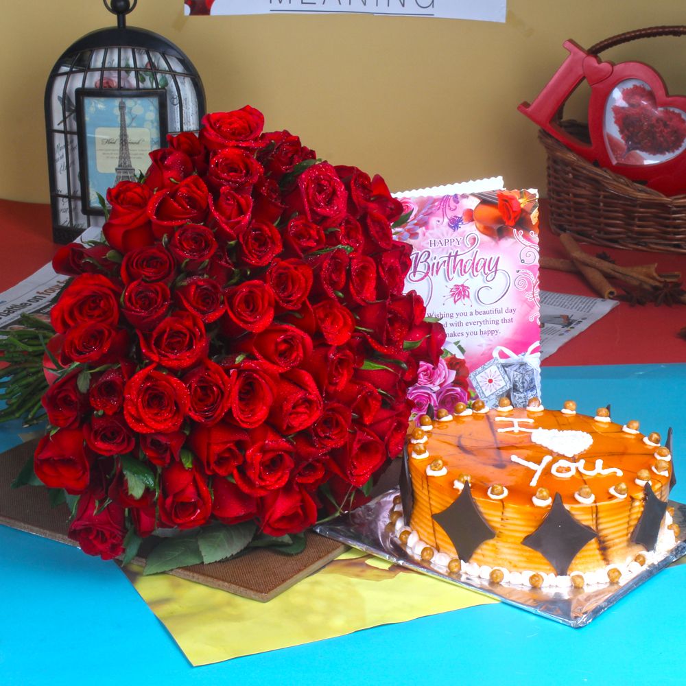 Red Roses and Butterscotch Cake For Birthday Treat