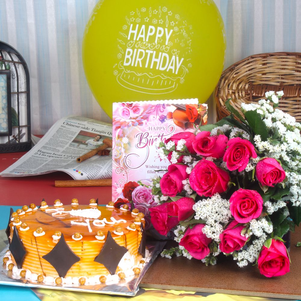 Birthday Cake with Pink Roses and Greeting Card For You