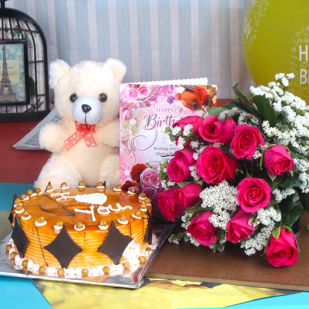 Teddy Bear with Birthday wishes Cake and Roses