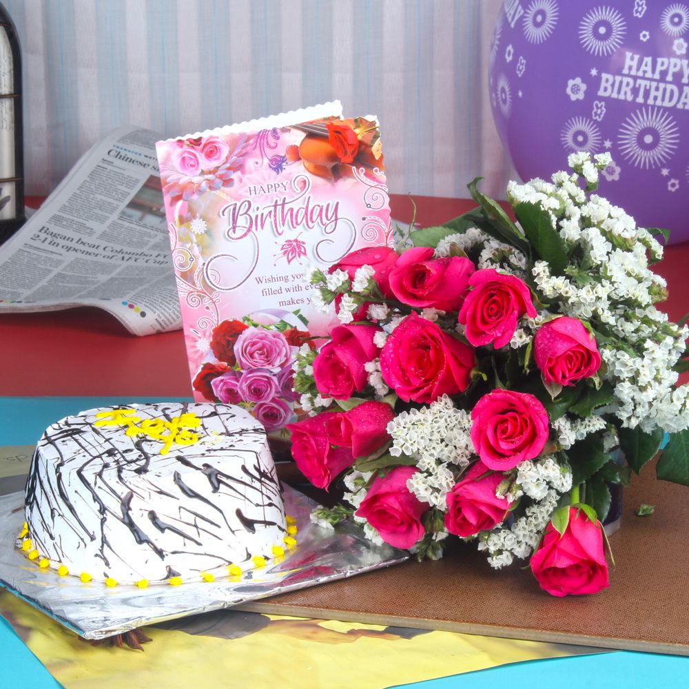 Birthday Vanilla Cake with Roses and Greeting card